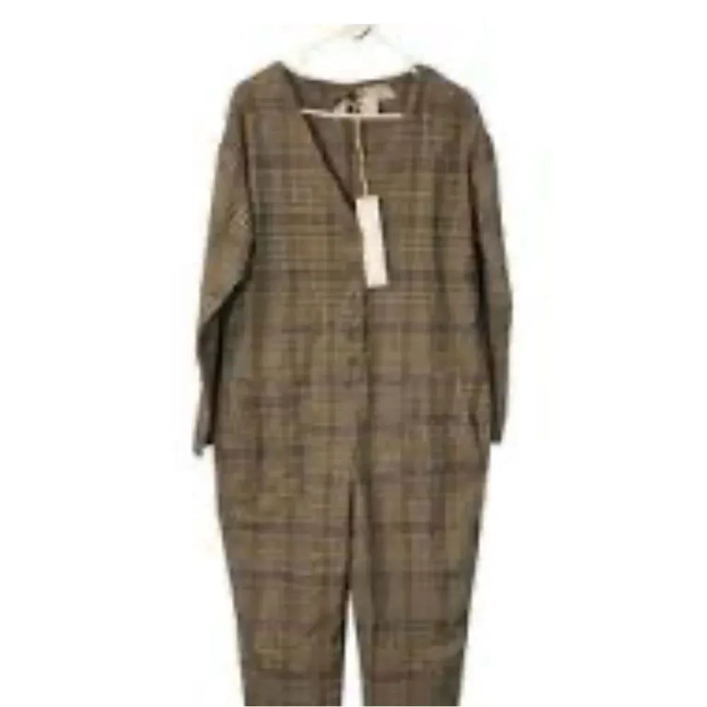 0023 Lumiere Brown Plaid Long-Sleeve Jumpsuit